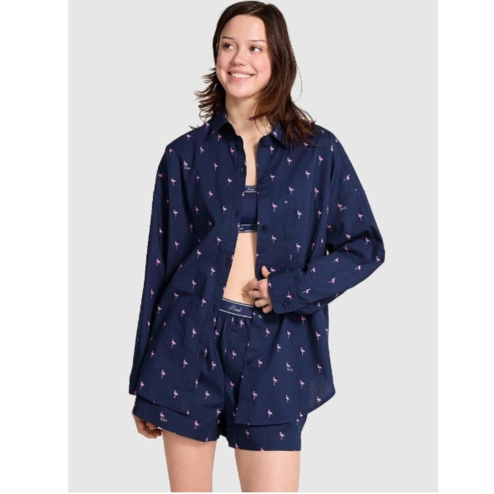 PINK Victoria Secret Button Up Longsleeve Shirt Navy Pink Flamingos Medium NWT